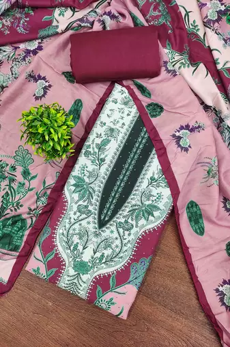 pink cotton blend embroidered unstitched dressmaterials 3 pair top bottom dupptaa