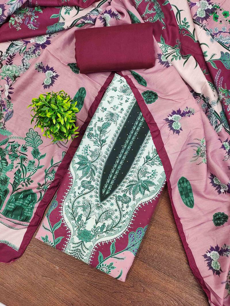 Pink cotton embroidered unstitched dressmaterials 3 pair top bottom dupptaa