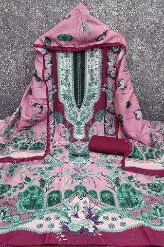 pink cotton blend embroidered unstitched dressmaterials 3 pair top bottom dupptaa