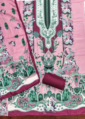 Pink cotton embroidered unstitched dressmaterials 3 pair top bottom dupptaa 3