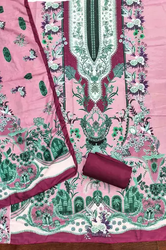 pink cotton blend embroidered unstitched dressmaterials 3 pair top bottom dupptaa
