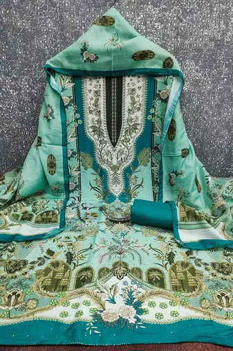 sky cotton blend embroidered unstitched dressmaterials 3 pair top bottom dupptaa