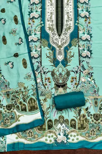 sky cotton blend embroidered unstitched dressmaterials 3 pair top bottom dupptaa