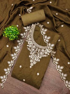Brown cotton embroidered unstitched dressmaterials 3 pair top bottom dupptaa 1