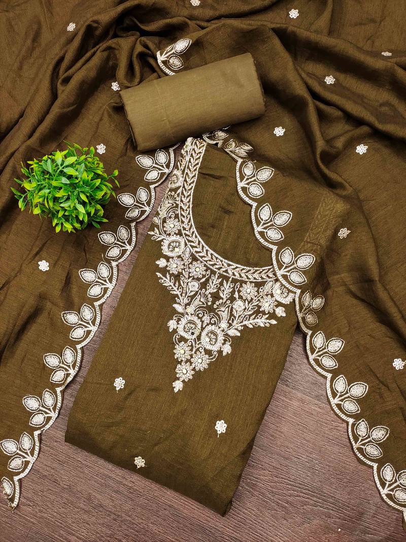 Brown cotton embroidered unstitched dressmaterials 3 pair top bottom dupptaa