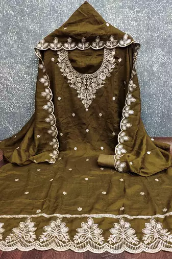 brown cotton blend embroidered unstitched dressmaterials 3 pair top bottom dupptaa