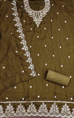 Brown cotton embroidered unstitched dressmaterials 3 pair top bottom dupptaa 4