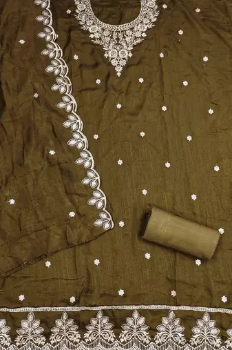 brown cotton blend embroidered unstitched dressmaterials 3 pair top bottom dupptaa