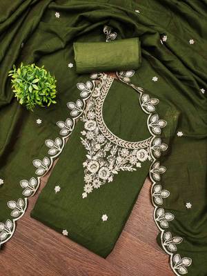 Green cotton embroidered unstitched dressmaterials 3 pair top bottom dupptaa 1