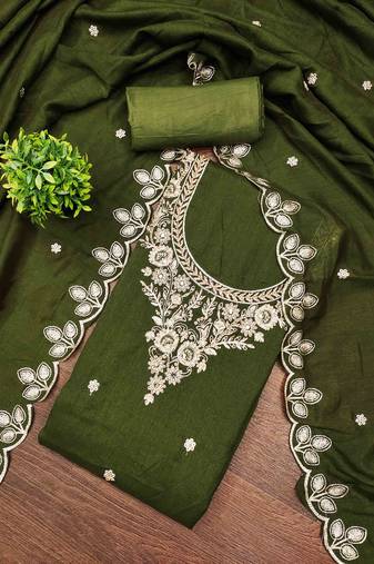 green cotton blend embroidered unstitched dressmaterials 3 pair top bottom dupptaa