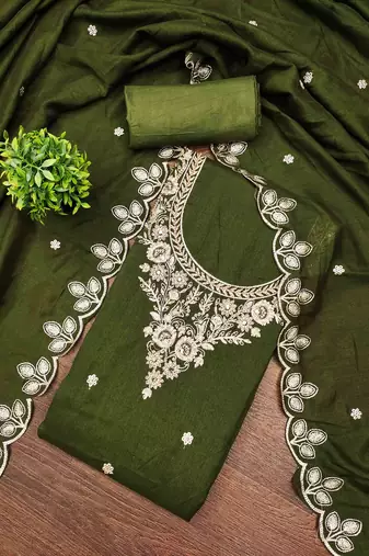 green cotton blend embroidered unstitched dressmaterials 3 pair top bottom dupptaa