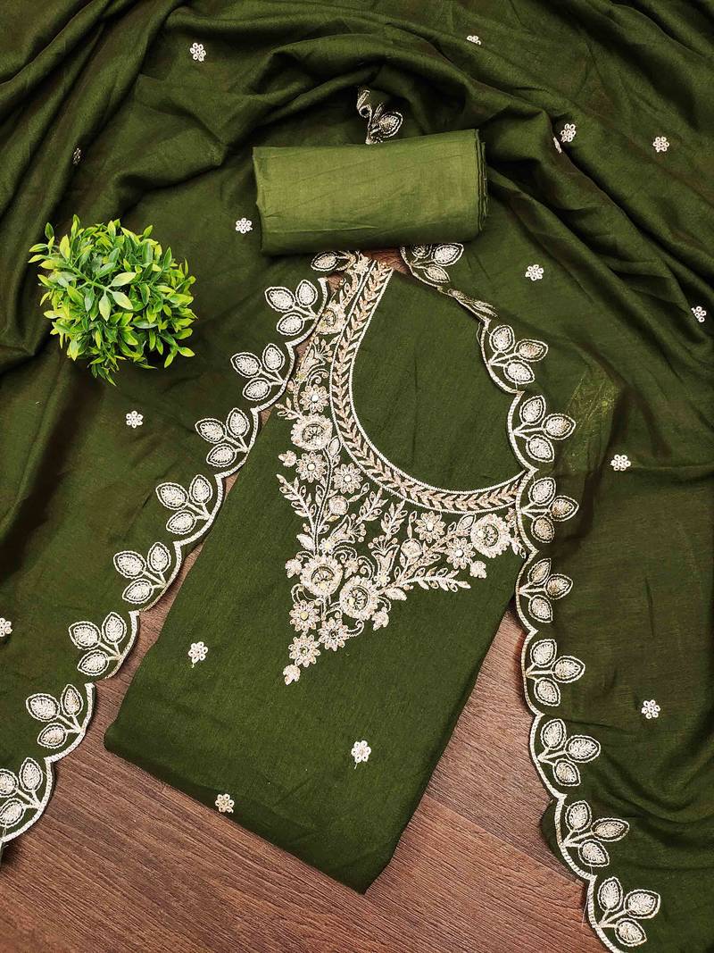 Green cotton embroidered unstitched dressmaterials 3 pair top bottom dupptaa