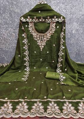 Green cotton embroidered unstitched dressmaterials 3 pair top bottom dupptaa 2