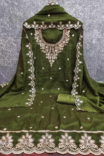 green cotton blend embroidered unstitched dressmaterials 3 pair top bottom dupptaa