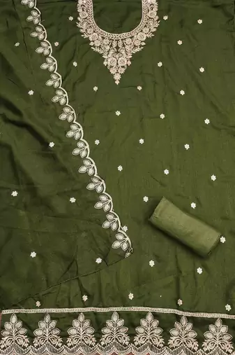 green cotton blend embroidered unstitched dressmaterials 3 pair top bottom dupptaa