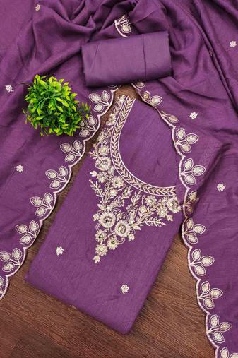 mauve cotton blend embroidered unstitched dressmaterials 3 pair top bottom dupptaa