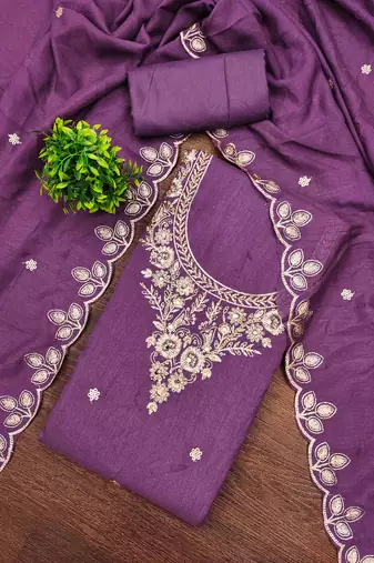 mauve cotton blend embroidered unstitched dressmaterials 3 pair top bottom dupptaa