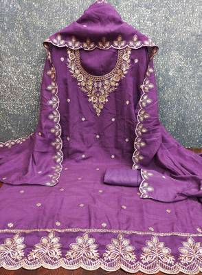 Mauve cotton embroidered unstitched dressmaterials 3 pair top bottom dupptaa 2