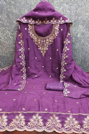 mauve cotton blend embroidered unstitched dressmaterials 3 pair top bottom dupptaa