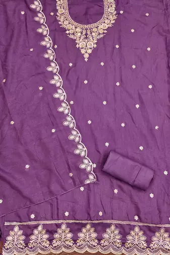 mauve cotton blend embroidered unstitched dressmaterials 3 pair top bottom dupptaa