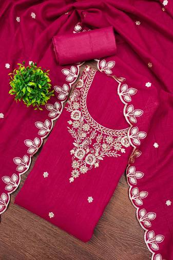 Pink cotton embroidered unstitched dressmaterials 3 pair top bottom dupptaa
