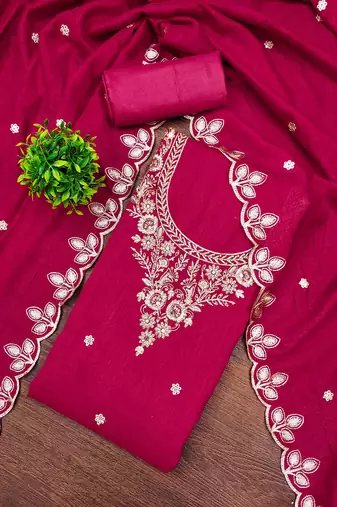 pink cotton blend embroidered unstitched dressmaterials 3 pair top bottom dupptaa