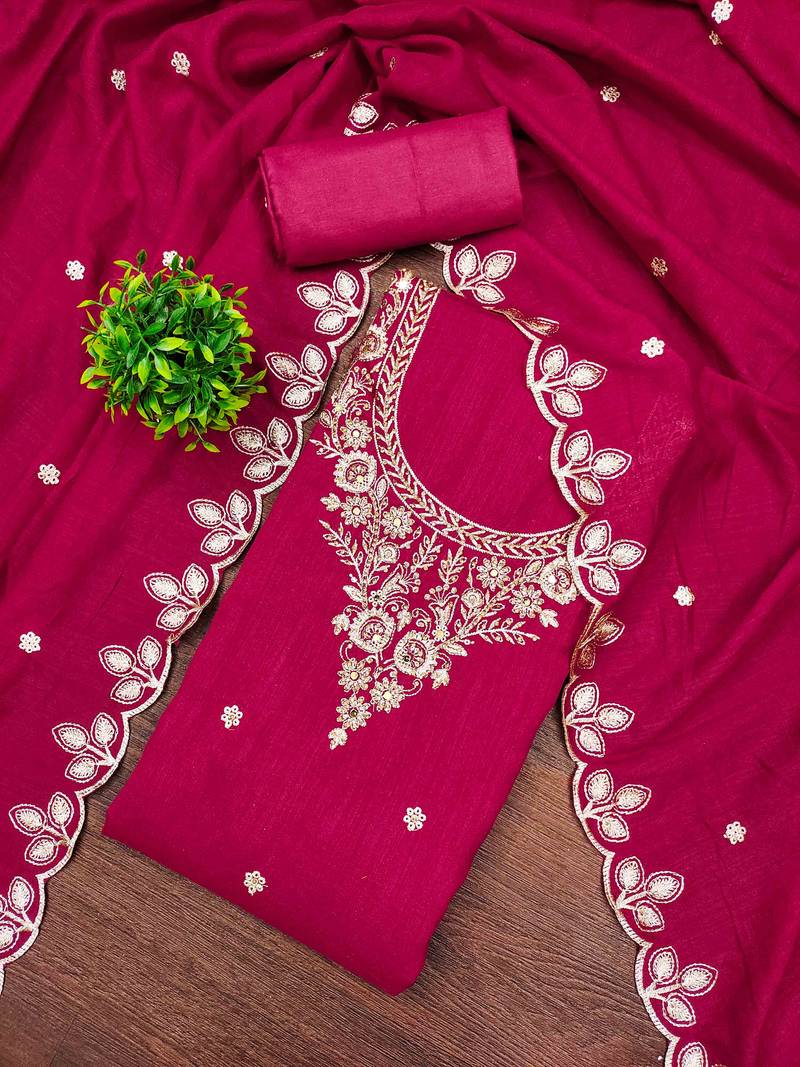 Pink cotton embroidered unstitched dressmaterials 3 pair top bottom dupptaa