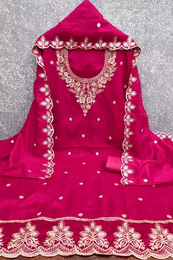 pink cotton blend embroidered unstitched dressmaterials 3 pair top bottom dupptaa