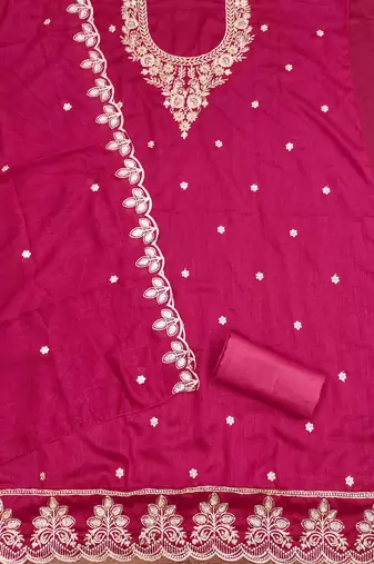 pink cotton blend embroidered unstitched dressmaterials 3 pair top bottom dupptaa