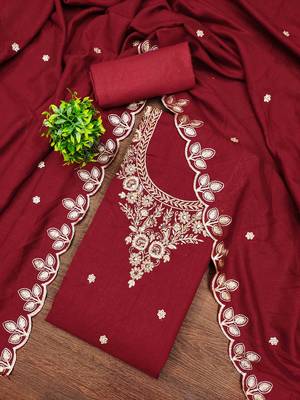 Red cotton embroidered unstitched dressmaterials 3 pair top bottom dupptaa 1