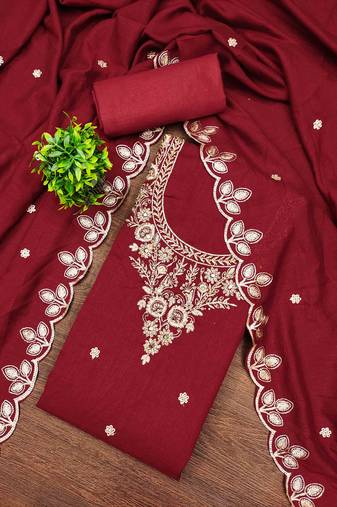 Red cotton embroidered unstitched dressmaterials 3 pair top bottom dupptaa