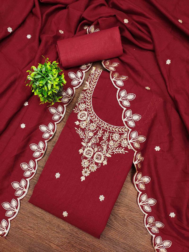 Red cotton embroidered unstitched dressmaterials 3 pair top bottom dupptaa