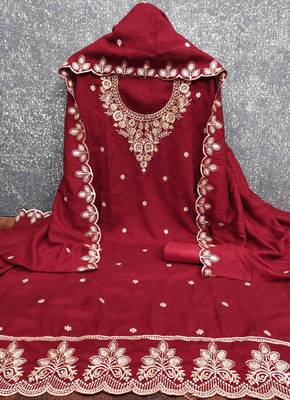 Red cotton embroidered unstitched dressmaterials 3 pair top bottom dupptaa 2