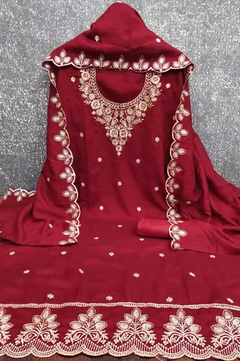 red cotton blend embroidered unstitched dressmaterials 3 pair top bottom dupptaa
