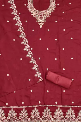 red cotton blend embroidered unstitched dressmaterials 3 pair top bottom dupptaa