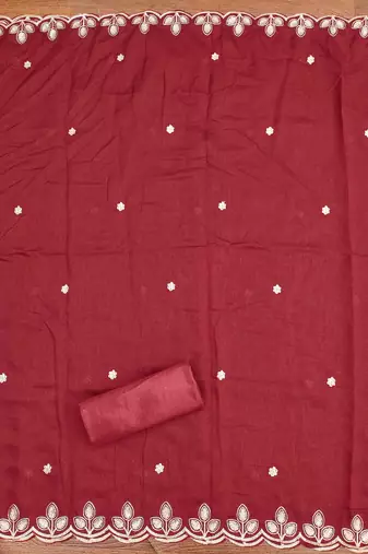 red cotton blend embroidered unstitched dressmaterials 3 pair top bottom dupptaa