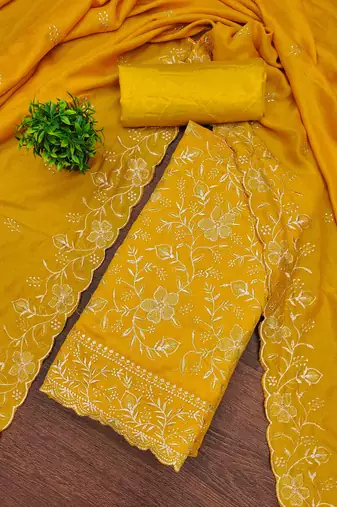 gold cotton blend embroidered unstitched dressmaterials 3 pair top bottom dupptaa