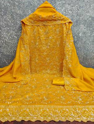 Gold cotton embroidered unstitched dressmaterials 3 pair top bottom dupptaa 2