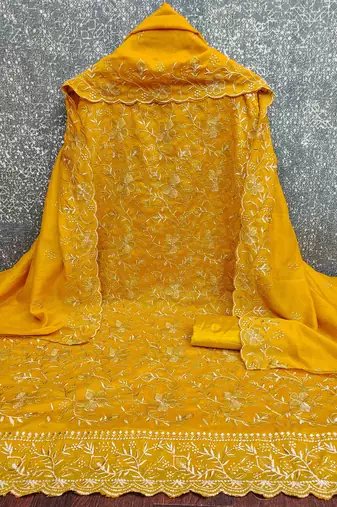 gold cotton blend embroidered unstitched dressmaterials 3 pair top bottom dupptaa