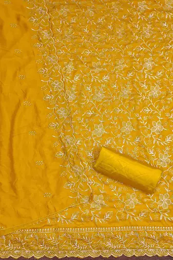 gold cotton blend embroidered unstitched dressmaterials 3 pair top bottom dupptaa