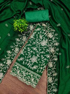 Green cotton embroidered unstitched dressmaterials 3 pair top bottom dupptaa 1