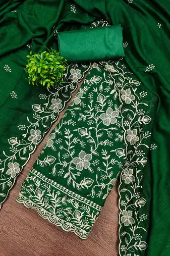 green cotton blend embroidered unstitched dressmaterials 3 pair top bottom dupptaa