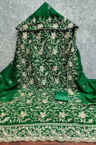 green cotton blend embroidered unstitched dressmaterials 3 pair top bottom dupptaa