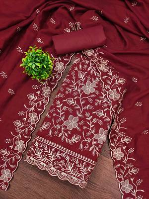Red cotton embroidered unstitched dressmaterials 3 pair top bottom dupptaa 1