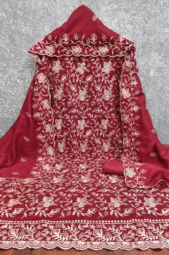 red cotton blend embroidered unstitched dressmaterials 3 pair top bottom dupptaa