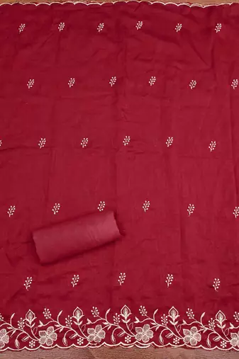 red cotton blend embroidered unstitched dressmaterials 3 pair top bottom dupptaa
