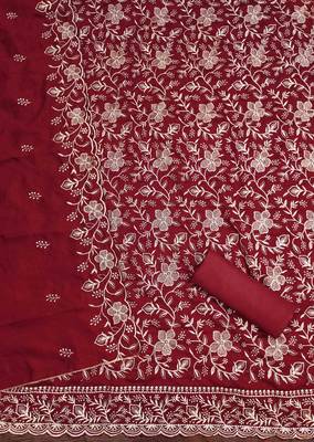 Red cotton embroidered unstitched dressmaterials 3 pair top bottom dupptaa 4