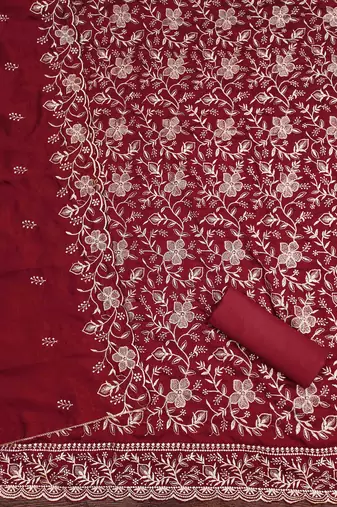 red cotton blend embroidered unstitched dressmaterials 3 pair top bottom dupptaa
