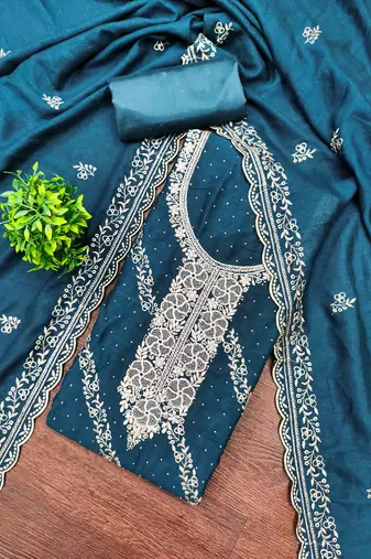 blue cotton blend embroidered unstitched dressmaterials 3 pair top bottom dupptaa