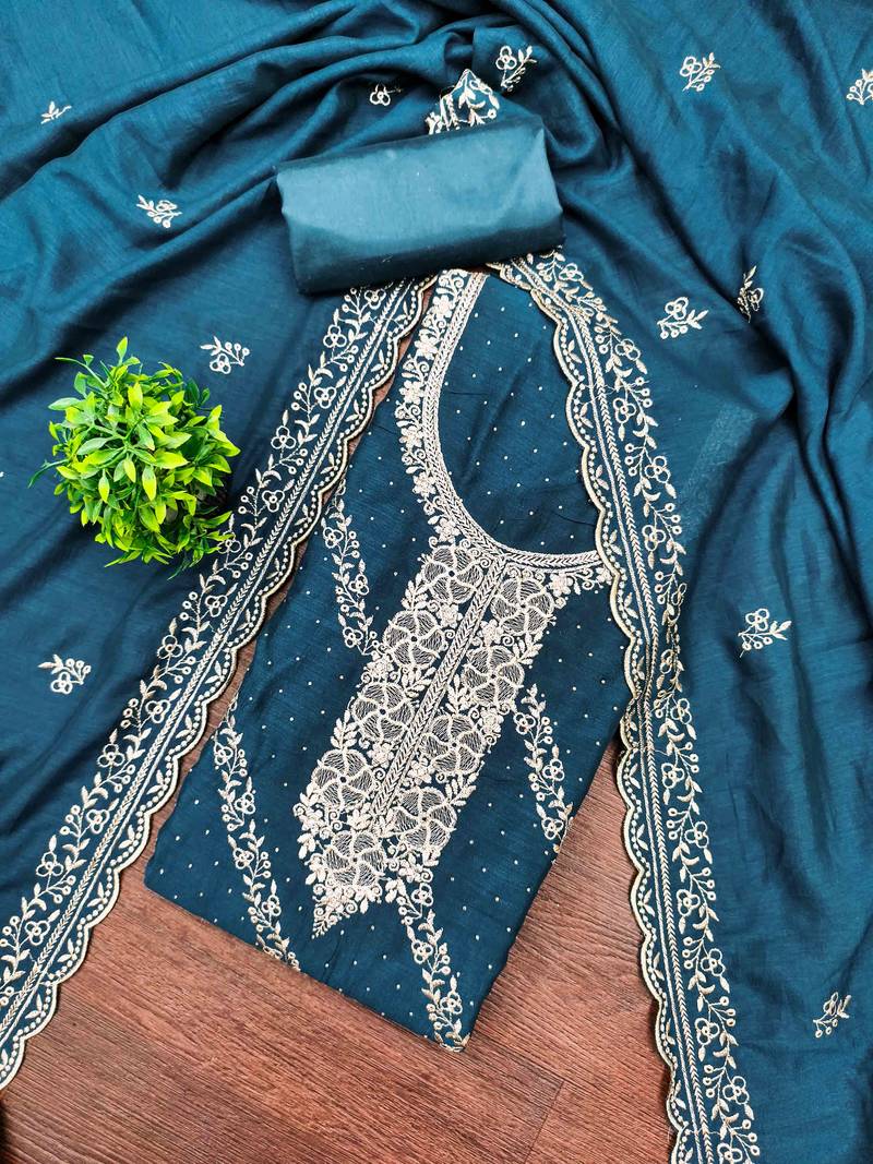 Blue cotton embroidered unstitched dressmaterials 3 pair top bottom dupptaa